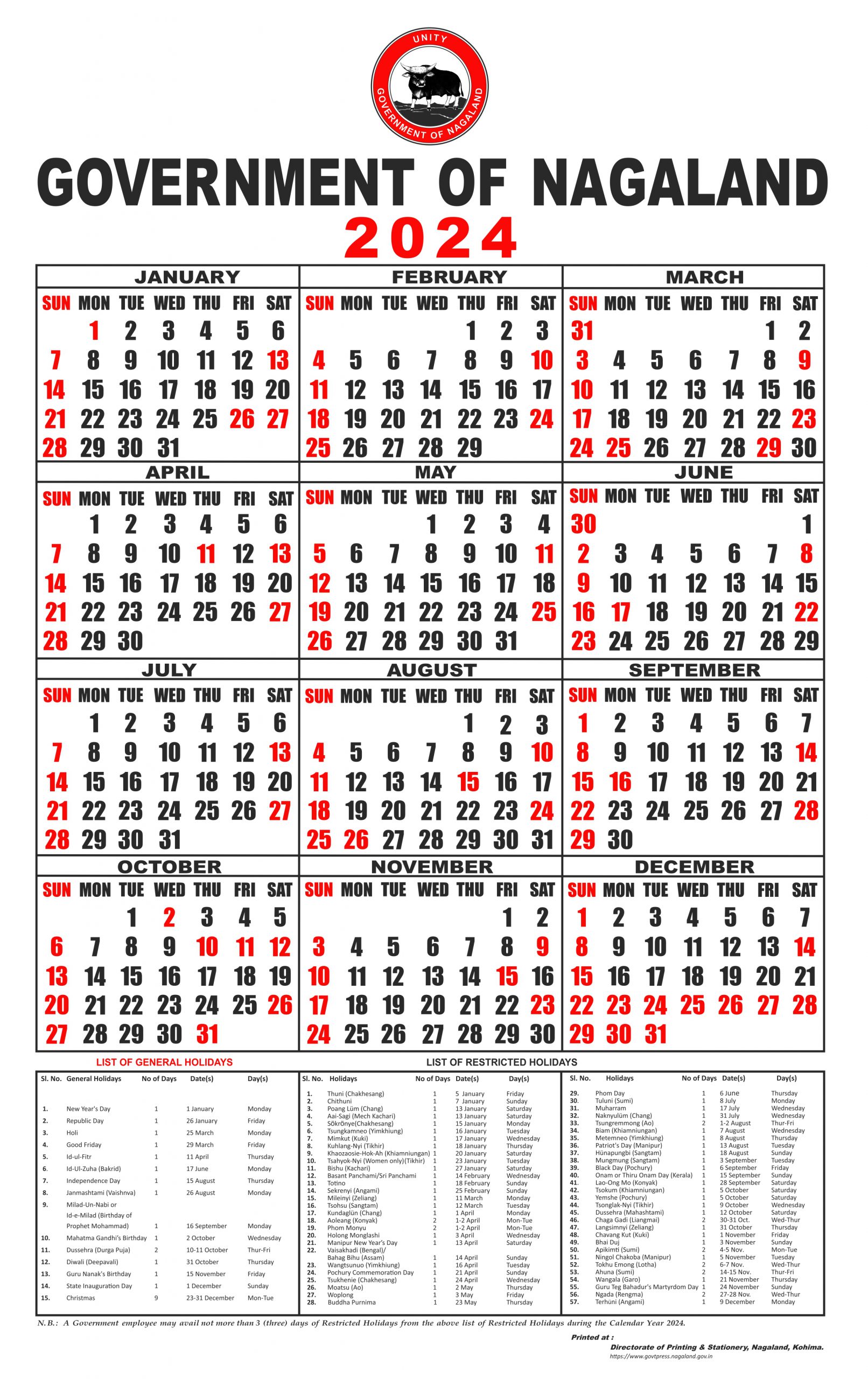 Nagaland Government Calendar 2025 